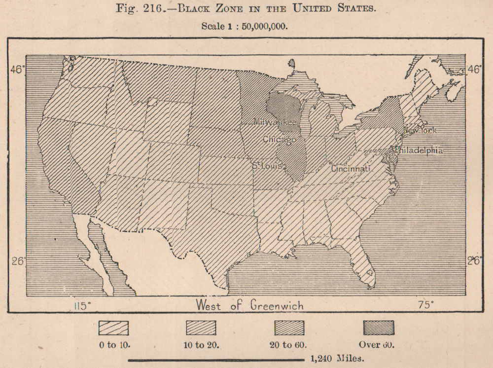 Black zone in the United States & population. USA 1885 old antique map chart